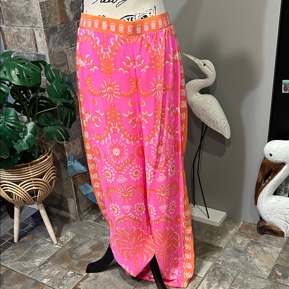 Lilly Pulitzer Vianna Silk Palazzo Pant Sunkissed Pink Breezy Palm Size 10